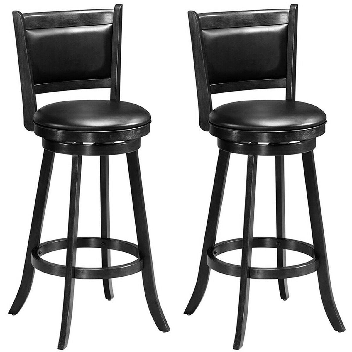 Set of 2 Swivel Bar Stools in Black with Padded Panel Backs, 29 Inch Seat Height