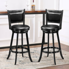 Set of 2 Swivel Bar Stools in Black with Padded Panel Backs, 29 Inch Seat Height
