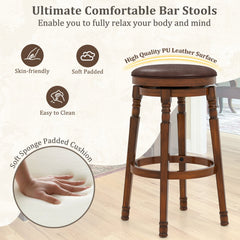 Set of 2 Backless Swivel Bar Stools with Turned Legs in Walnut, 29 Inch Seat Height