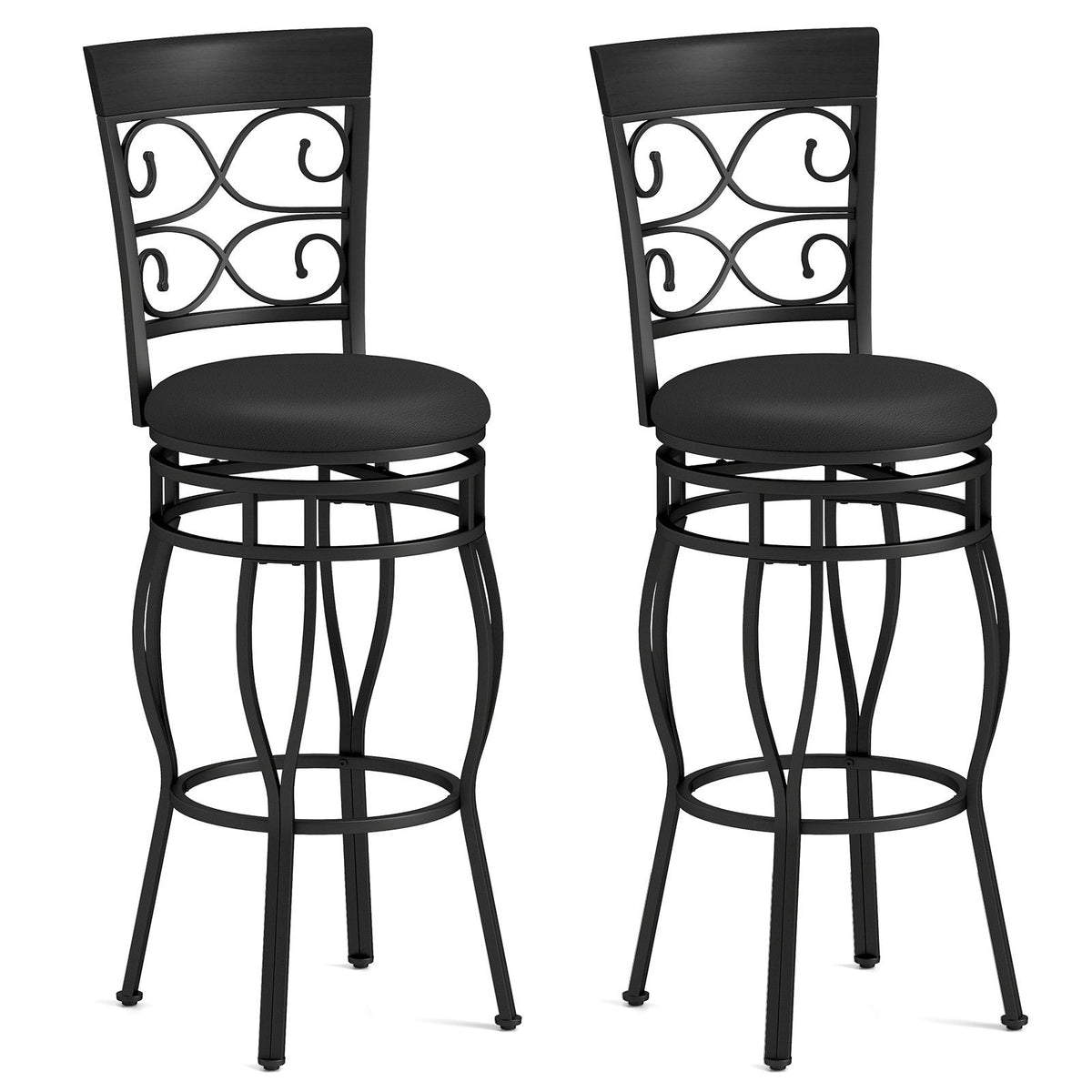 Set of 2 Scrollwork Swivel Bar Stools in Black Metal, 30 Inch Seat Height
