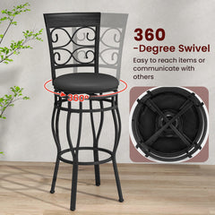Set of 2 Scrollwork Swivel Bar Stools in Black Metal, 30 Inch Seat Height