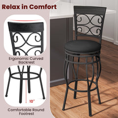 Set of 2 Scrollwork Swivel Bar Stools in Black Metal, 30 Inch Seat Height