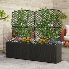 Set of 2 49 Inch Raised Garden Bed with Trellis and Wicker Planter Box-Black