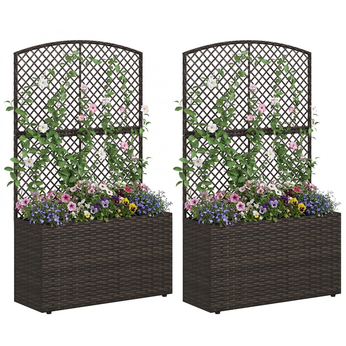 Set of 2 49 Inch Raised Garden Bed with Trellis and Wicker Planter Box-Brown