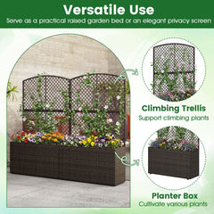 Set of 2 49 Inch Raised Garden Bed with Trellis and Wicker Planter Box-Brown