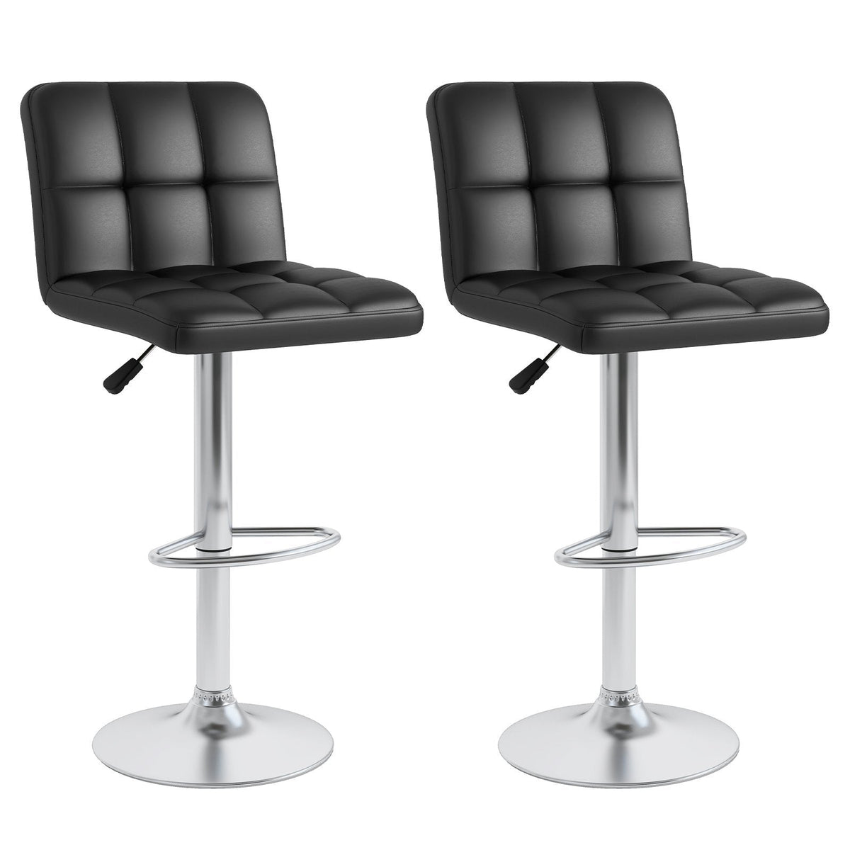 Set of 2 Square Quilted Swivel Bar Stools in Black, 25.5 to 33.5 Inch Seat Height