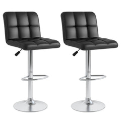 Set of 2 Square Quilted Swivel Bar Stools in Black, 25.5 to 33.5 Inch Seat Height