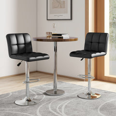 Set of 2 Square Quilted Swivel Bar Stools in Black, 25.5 to 33.5 Inch Seat Height