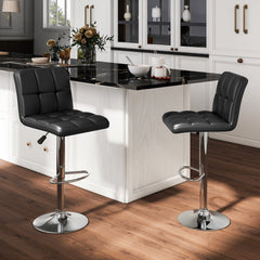 Set of 2 Square Quilted Swivel Bar Stools in Black, 25.5 to 33.5 Inch Seat Height
