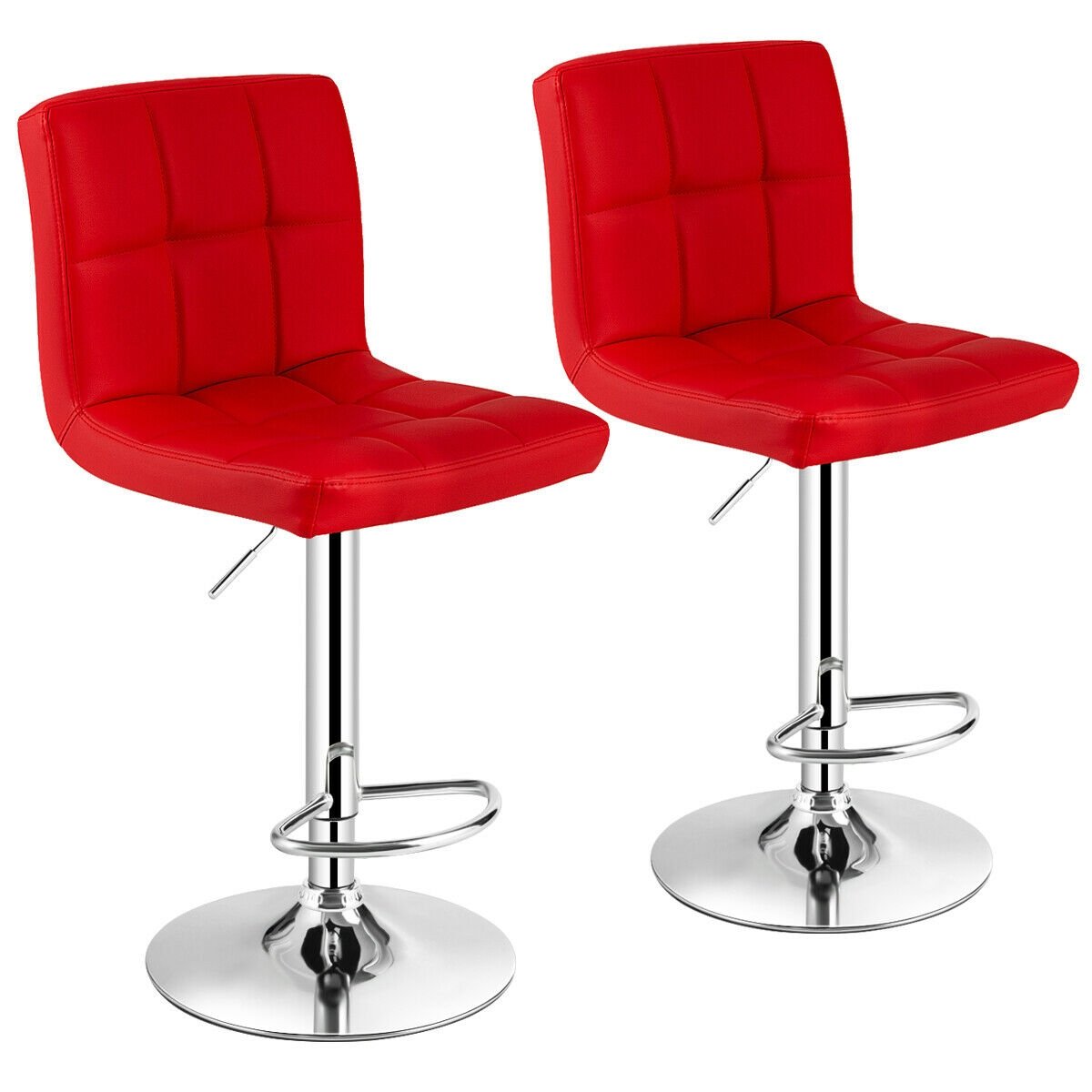 Set of 2 Square Quilted Swivel Bar Stools in Red, 25.5 to 33.5 Inch Seat Height