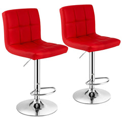 Set of 2 Square Quilted Swivel Bar Stools in Red, 25.5 to 33.5 Inch Seat Height