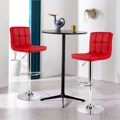 Set of 2 Square Quilted Swivel Bar Stools in Red, 25.5 to 33.5 Inch Seat Height