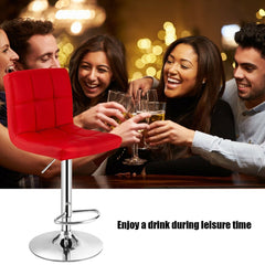 Set of 2 Square Quilted Swivel Bar Stools in Red, 25.5 to 33.5 Inch Seat Height