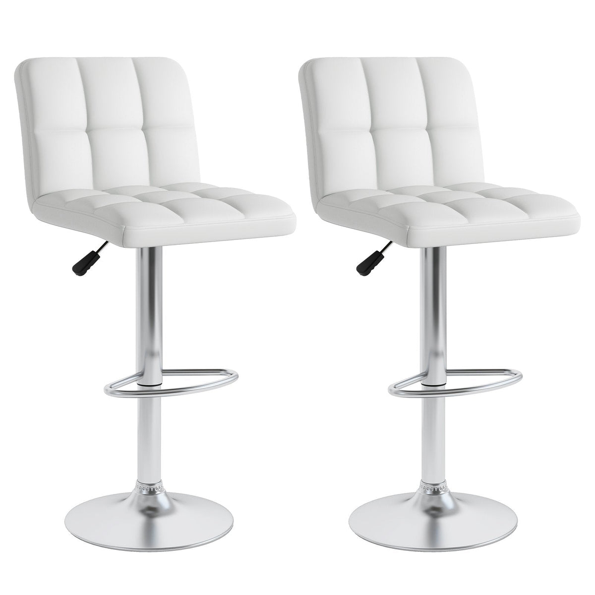 Set of 2 Square Quilted Swivel Bar Stools in White, 25.5 to 33.5 Inch Seat Height