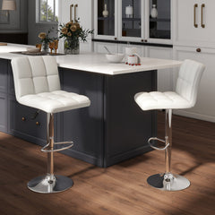 Set of 2 Square Quilted Swivel Bar Stools in White, 25.5 to 33.5 Inch Seat Height