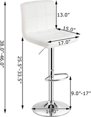 Set of 2 Square Quilted Swivel Bar Stools in White, 25.5 to 33.5 Inch Seat Height