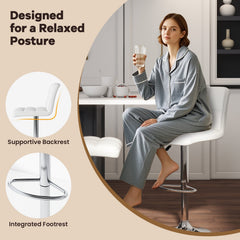 Set of 2 Square Quilted Swivel Bar Stools in White, 25.5 to 33.5 Inch Seat Height
