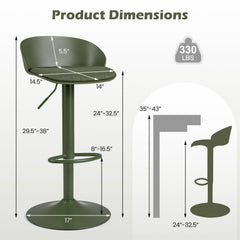 Set of 2 Adjustable Swivel Bar Stools with Wrap Around Backs in Olive Green, 24 to 32.5 Inch
