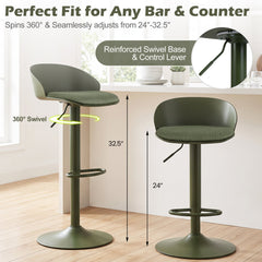 Set of 2 Adjustable Swivel Bar Stools with Wrap Around Backs in Olive Green, 24 to 32.5 Inch