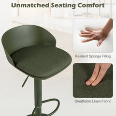 Set of 2 Adjustable Swivel Bar Stools with Wrap Around Backs in Olive Green, 24 to 32.5 Inch