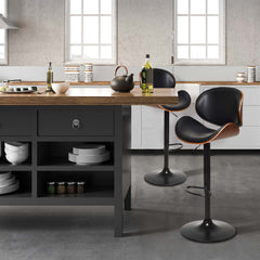 Set of 2 Bentwood Adjustable Swivel Bar Stools in Black and Walnut, 23.5 to 32 Inch