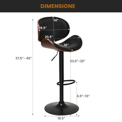 Set of 2 Bentwood Adjustable Swivel Bar Stools in Black and Walnut, 23.5 to 32 Inch