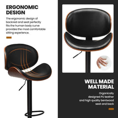 Set of 2 Bentwood Adjustable Swivel Bar Stools in Black and Walnut, 23.5 to 32 Inch