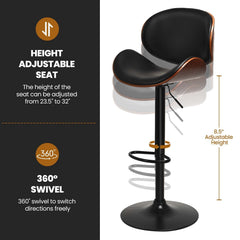 Set of 2 Bentwood Adjustable Swivel Bar Stools in Black and Walnut, 23.5 to 32 Inch