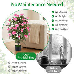 Set of 2 Artificial Rose Tree with Blooming Flowers and Green Leaves for Indoor-Pink