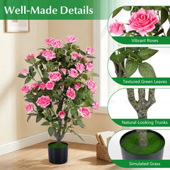 Set of 2 Artificial Rose Tree with Blooming Flowers and Green Leaves for Indoor-Pink