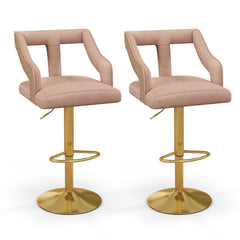Set of 2 Velvet Bar Chairs with Gold Base and T Shaped Backs in Pink, 25 to 34 Inch Seat