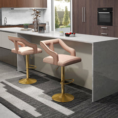 Set of 2 Velvet Bar Chairs with Gold Base and T Shaped Backs in Pink, 25 to 34 Inch Seat