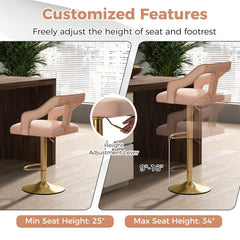 Set of 2 Velvet Bar Chairs with Gold Base and T Shaped Backs in Pink, 25 to 34 Inch Seat