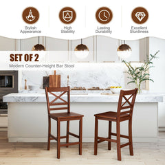 Set of 2 Cross Back Counter Stools with Solid Wood Seats in Walnut, 24 Inch Seat