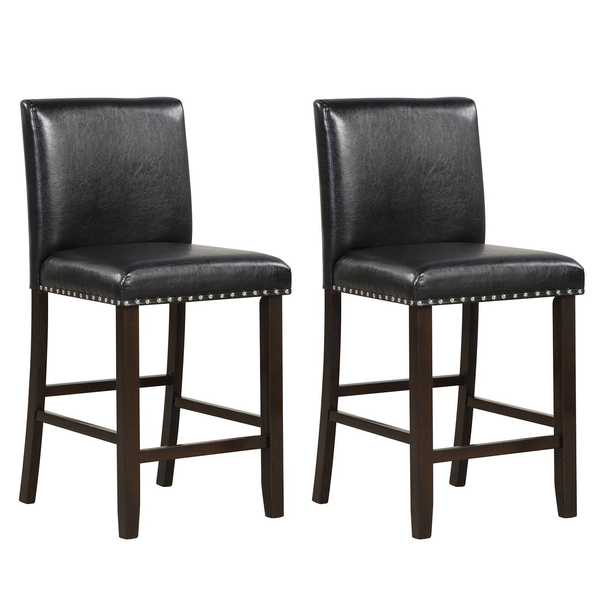 Set of 2 Counter Stools with Panel Backs and Rivet Trim in Black PVC, 25.5 Inch Seat
