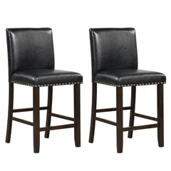 Set of 2 Counter Stools with Panel Backs and Rivet Trim in Black PVC, 25.5 Inch Seat