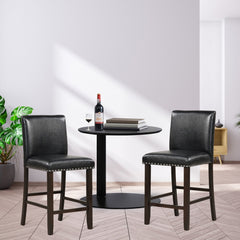Set of 2 Counter Stools with Panel Backs and Rivet Trim in Black PVC, 25.5 Inch Seat