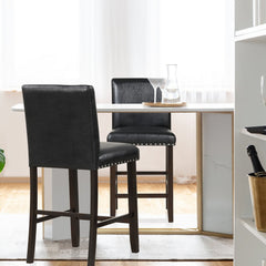 Set of 2 Counter Stools with Panel Backs and Rivet Trim in Black PVC, 25.5 Inch Seat