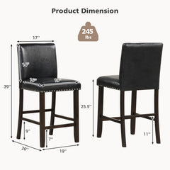 Set of 2 Counter Stools with Panel Backs and Rivet Trim in Black PVC, 25.5 Inch Seat