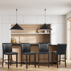 Set of 2 Counter Stools with Panel Backs and Rivet Trim in Black PVC, 25.5 Inch Seat