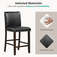 Set of 2 Counter Stools with Panel Backs and Rivet Trim in Black PVC, 25.5 Inch Seat