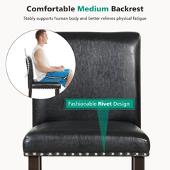 Set of 2 Counter Stools with Panel Backs and Rivet Trim in Black PVC, 25.5 Inch Seat