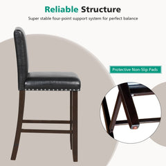 Set of 2 Counter Stools with Panel Backs and Rivet Trim in Black PVC, 25.5 Inch Seat