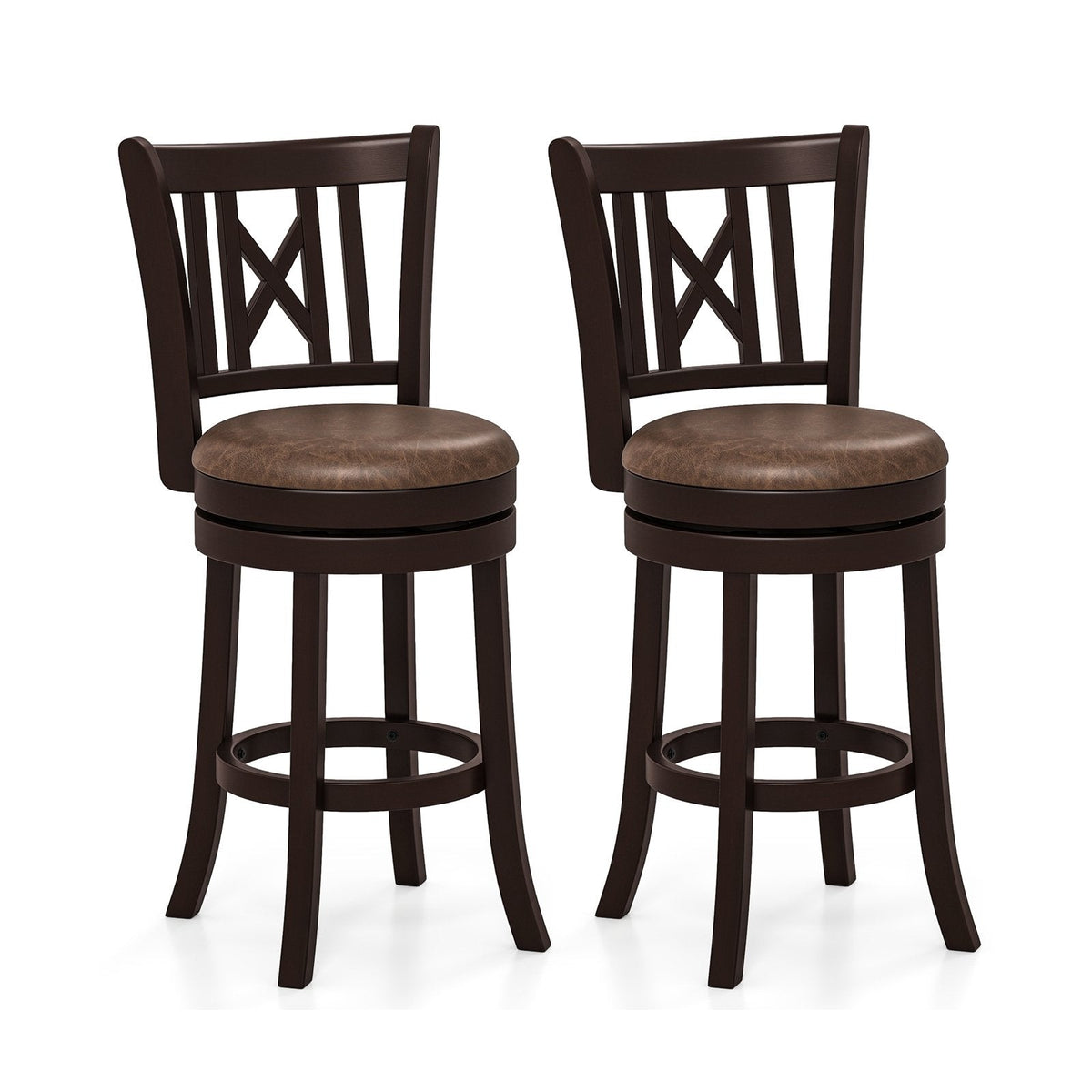 Set of 2 Swivel Counter Stools with Hollowed X Backs in Espresso, 26 Inch Seat