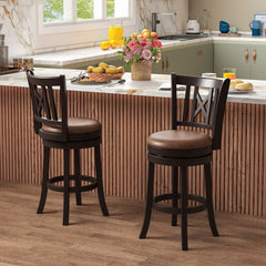 Set of 2 Swivel Counter Stools with Hollowed X Backs in Espresso, 26 Inch Seat