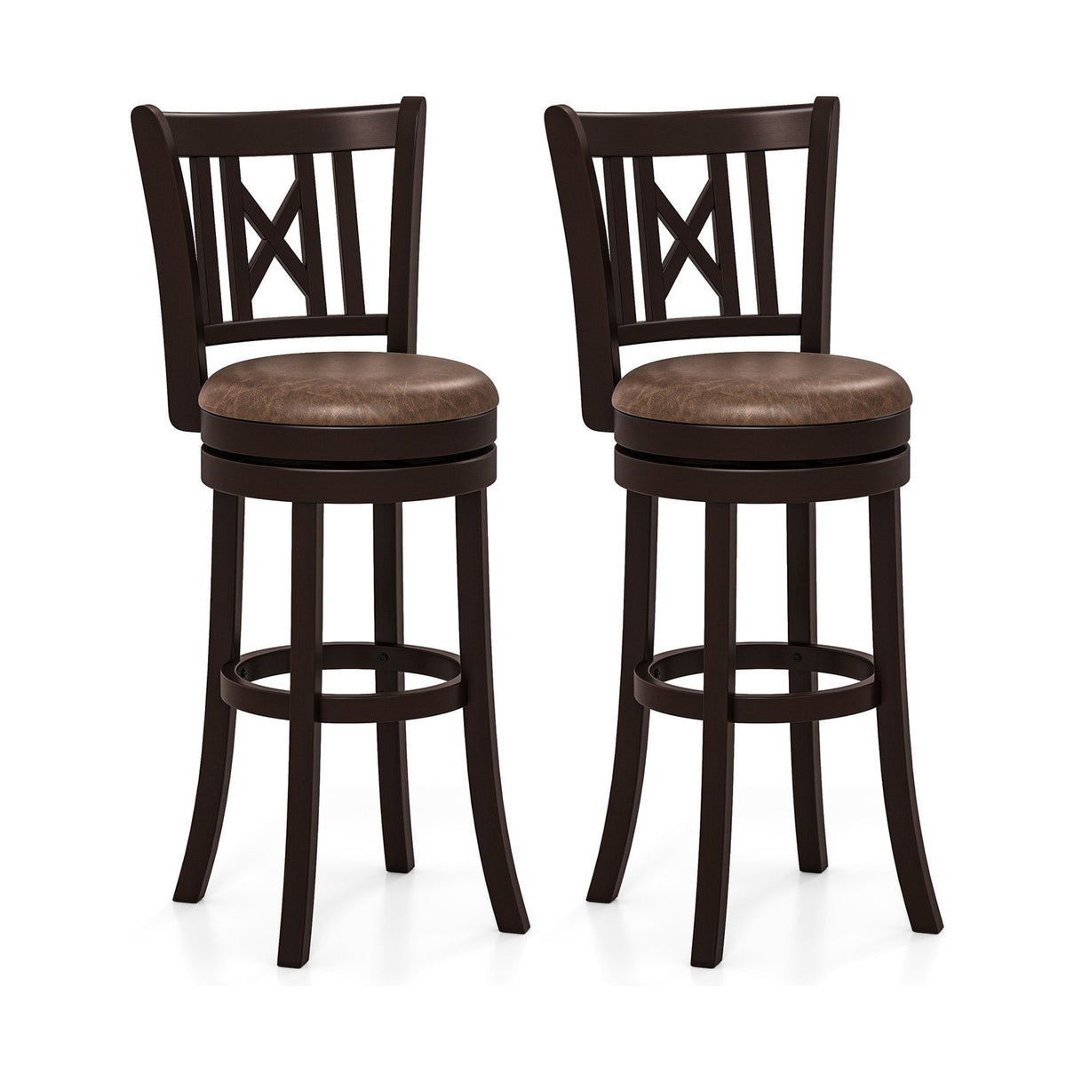 Set of 2 Bar Height Swivel Stools with Hollowed X Backs in Espresso, 30 Inch Seat