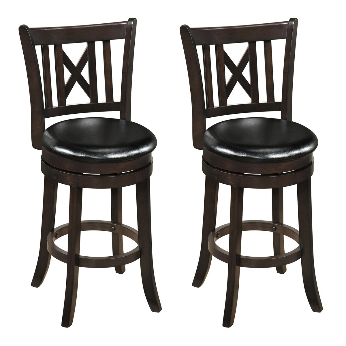 Set of 2 Swivel Counter Stools with Cut X Backs and Black Seats, 26 Inch Seat Height