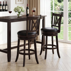 Set of 2 Swivel Counter Stools with Cut X Backs and Black Seats, 26 Inch Seat Height