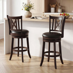Set of 2 Swivel Counter Stools with Cut X Backs and Black Seats, 26 Inch Seat Height