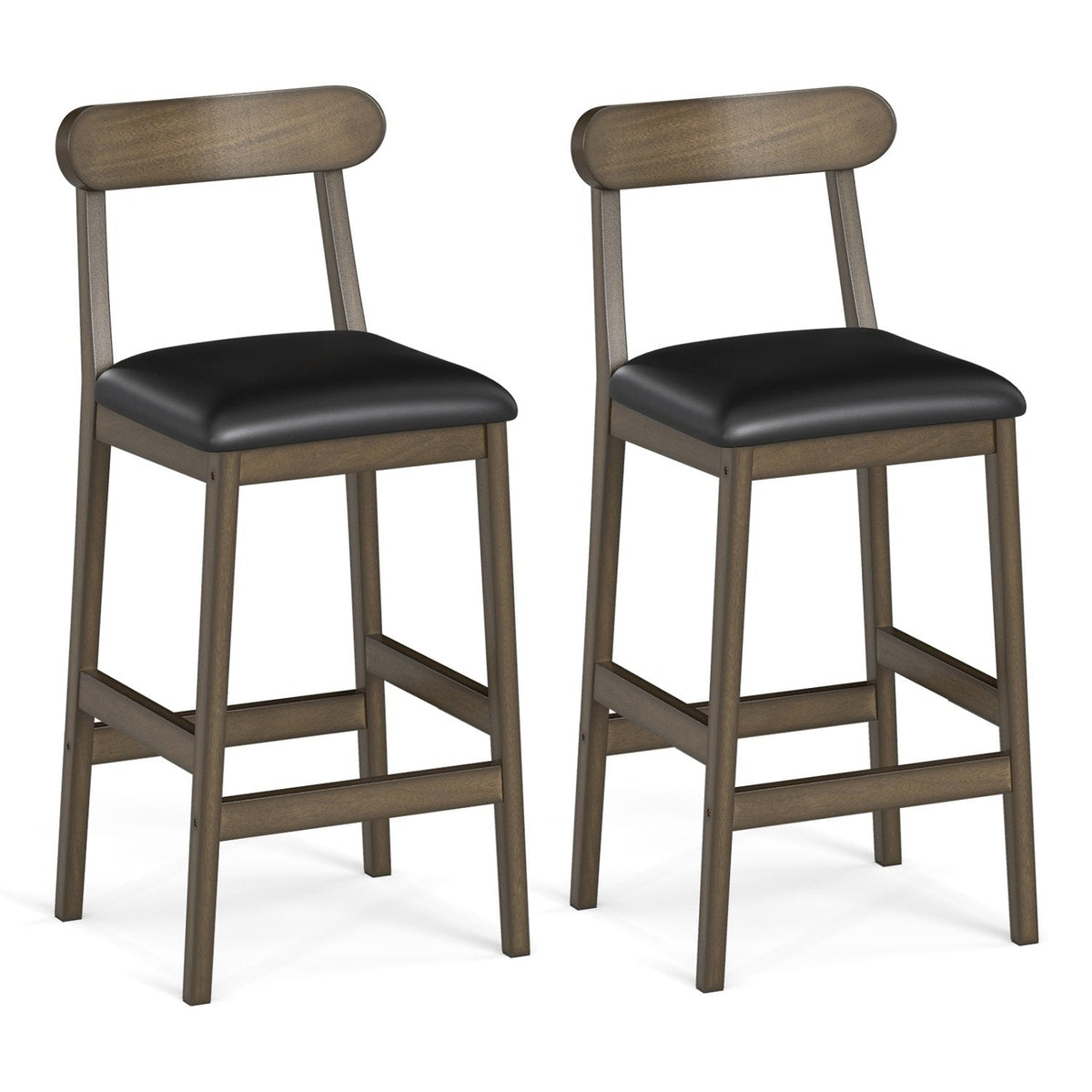 Set of 2 Bar Height Stools with Curved Backs and Faux Leather Seats in Oak, 29.5 Inch